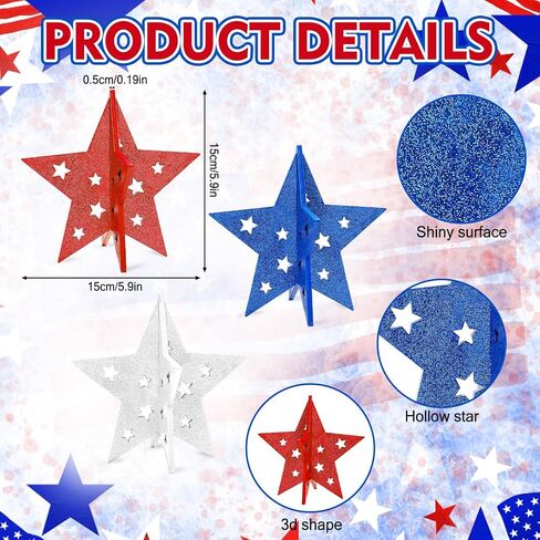 DECYOOL 3 Pack 4th of July Wood Stars 3D Glitter Red White Blue Table Centerpieces Patriotic Star Table Signs for Home Tiered Tray Desk Decorations in Kuwait