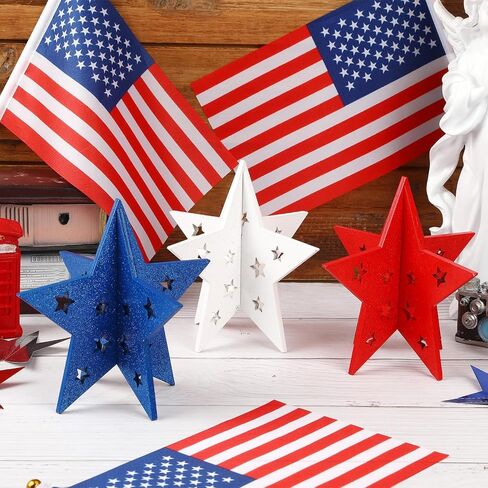 DECYOOL 3 Pack 4th of July Wood Stars 3D Glitter Red White Blue Table Centerpieces Patriotic Star Table Signs for Home Tiered Tray Desk Decorations in Kuwait