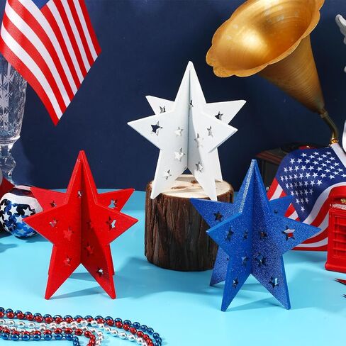 DECYOOL 3 Pack 4th of July Wood Stars 3D Glitter Red White Blue Table Centerpieces Patriotic Star Table Signs for Home Tiered Tray Desk Decorations in Kuwait