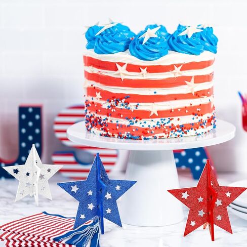 DECYOOL 3 Pack 4th of July Wood Stars 3D Glitter Red White Blue Table Centerpieces Patriotic Star Table Signs for Home Tiered Tray Desk Decorations in Kuwait