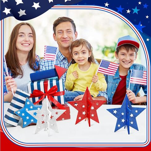DECYOOL 3 Pack 4th of July Wood Stars 3D Glitter Red White Blue Table Centerpieces Patriotic Star Table Signs for Home Tiered Tray Desk Decorations in Kuwait