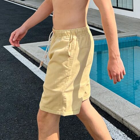 Men's Textured Casual Shorts with Elastic Waistband and Side Pockets, Relaxed Fit Knee-Length Bottoms for Beach Activities in Kuwait
