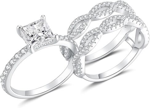 Wedding Engagement Sets for Women Silver 18K White 5A Cz Princess Cut Bridal Ring Sets Ring Enhancer for Her Size 5-10 in Saudi Arabia
