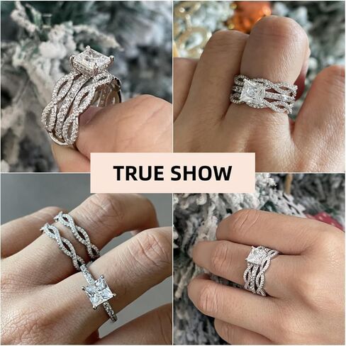 Wedding Engagement Sets for Women Silver 18K White 5A Cz Princess Cut Bridal Ring Sets Ring Enhancer for Her Size 5-10 in Saudi Arabia