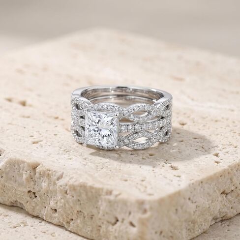 Wedding Engagement Sets for Women Silver 18K White 5A Cz Princess Cut Bridal Ring Sets Ring Enhancer for Her Size 5-10 in Saudi Arabia