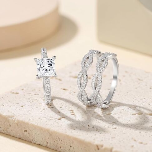 Wedding Engagement Sets for Women Silver 18K White 5A Cz Princess Cut Bridal Ring Sets Ring Enhancer for Her Size 5-10 in Saudi Arabia