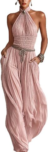 Wuitrie Women's Boho Halter Jumpsuit Pink Shirred Waist Wide Leg Pant Romper Vacation Party Outfits in Saudi Arabia