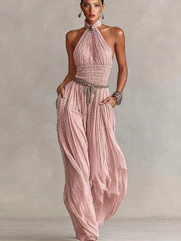 Wuitrie Women's Boho Halter Jumpsuit Pink Shirred Waist Wide Leg Pant Romper Vacation Party Outfits in Saudi Arabia