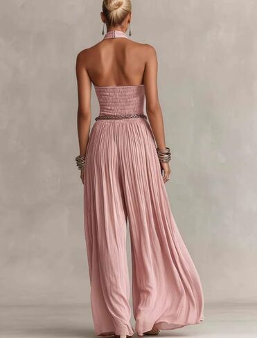 Wuitrie Women's Boho Halter Jumpsuit Pink Shirred Waist Wide Leg Pant Romper Vacation Party Outfits in Saudi Arabia