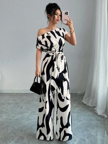 Women Summer Dressy One Shoulder Jumpsuits Wide Leg Pants Romper Jumper Fall Outfits for Party Wedding in Kuwait