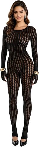 RARITYUS Women's See-Through Mesh Bodysuit Striped Jacquard Long Sleeve Jumpsuit Full Body Stockings Rave Outfits Clubwear in Kuwait