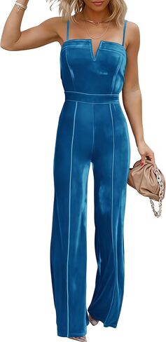 Sleeveless Velvet Jumpsuits for Women V Neck Spaghetti Straps Wide Leg Long Pants Dressy Rompers Overalls in Saudi Arabia