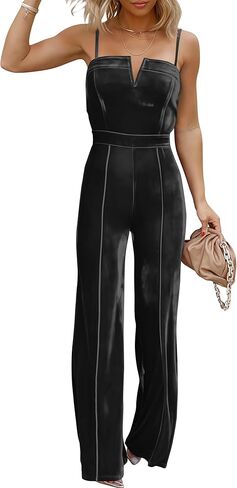 Sleeveless Velvet Jumpsuits for Women V Neck Spaghetti Straps Wide Leg Long Pants Dressy Rompers Overalls in Saudi Arabia