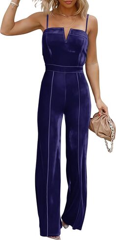 Sleeveless Velvet Jumpsuits for Women V Neck Spaghetti Straps Wide Leg Long Pants Dressy Rompers Overalls in Saudi Arabia