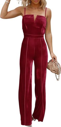 Sleeveless Velvet Jumpsuits for Women V Neck Spaghetti Straps Wide Leg Long Pants Dressy Rompers Overalls in Saudi Arabia
