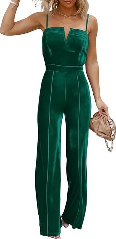 Sleeveless Velvet Jumpsuits for Women V Neck Spaghetti Straps Wide Leg Long Pants Dressy Rompers Overalls in Saudi Arabia