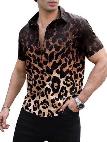 BEAUDRM Men's Boho Leopard Shirts Cheetah Button Down Casual Tee Western Short Sleeve Summer Vintage 70s Disco Going Out Top in Saudi Arabia