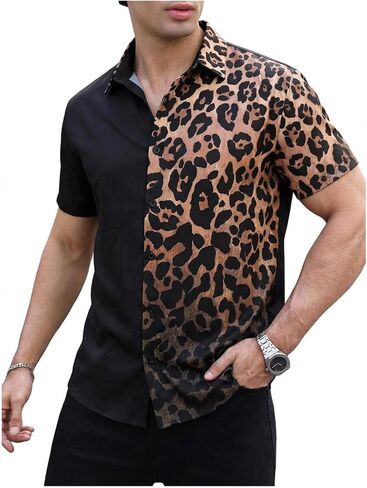 BEAUDRM Men's Boho Leopard Shirts Cheetah Button Down Casual Tee Western Short Sleeve Summer Vintage 70s Disco Going Out Top in Saudi Arabia