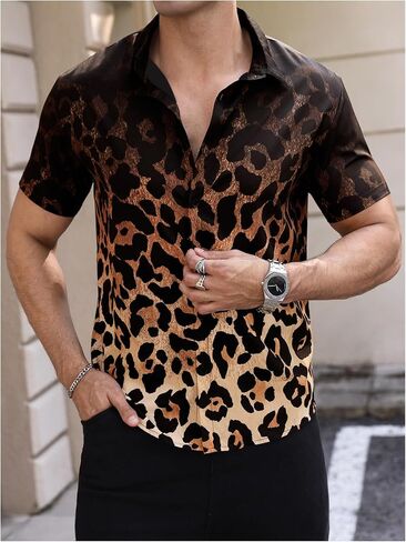 BEAUDRM Men's Boho Leopard Shirts Cheetah Button Down Casual Tee Western Short Sleeve Summer Vintage 70s Disco Going Out Top in Saudi Arabia