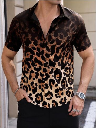 BEAUDRM Men's Boho Leopard Shirts Cheetah Button Down Casual Tee Western Short Sleeve Summer Vintage 70s Disco Going Out Top in Saudi Arabia