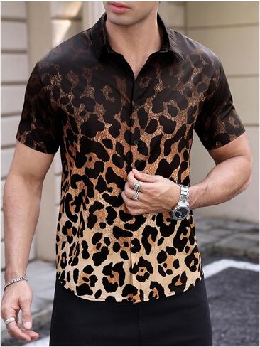 BEAUDRM Men's Boho Leopard Shirts Cheetah Button Down Casual Tee Western Short Sleeve Summer Vintage 70s Disco Going Out Top in Saudi Arabia