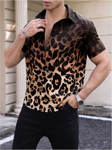 BEAUDRM Men's Boho Leopard Shirts Cheetah Button Down Casual Tee Western Short Sleeve Summer Vintage 70s Disco Going Out Top in Saudi Arabia