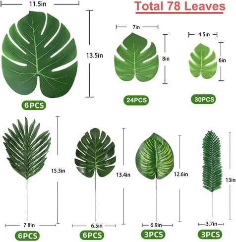 78 Pieces 7 Kinds Artificial Tropical Leaf Jungle Leaves Plant Safari Leaves Decorations for Hawaiian Party Decorations Beach Birthday Luau Party Decorations in Saudi Arabia