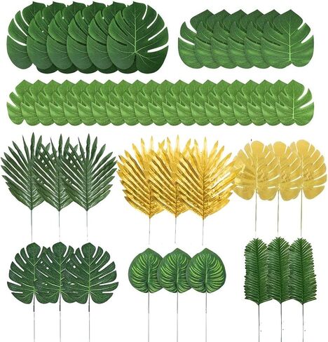 78 Pieces 7 Kinds Artificial Tropical Leaf Jungle Leaves Plant Safari Leaves Decorations for Hawaiian Party Decorations Beach Birthday Luau Party Decorations in Saudi Arabia