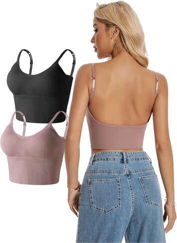 Women Camisole Tank Top - Crop Built-in Bra Ribbed Spaghetti Strap Padded U Backless Workout Sport Basic Cami in Saudi Arabia
