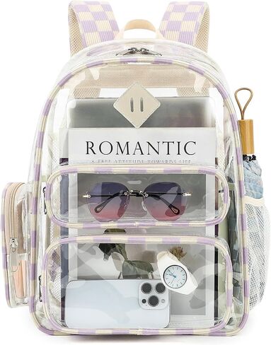 Clear Backpack for School, Girls Boys Transparent Bookbag Women See Through Backpack for Travel Security College Concert (Corduroy Checkered Purple) in Saudi Arabia