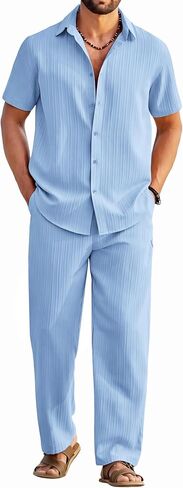COOFANDY Mens 2 Piece Outfits Casual Summer Beach Textured Button Down Shirt Loose Pants Set in Saudi Arabia