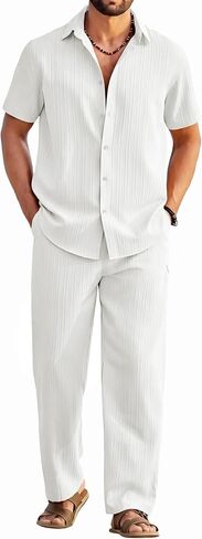 COOFANDY Mens 2 Piece Outfits Casual Summer Beach Textured Button Down Shirt Loose Pants Set in Saudi Arabia