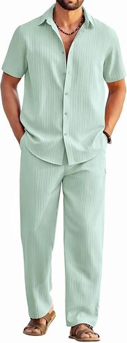 COOFANDY Mens 2 Piece Outfits Casual Summer Beach Textured Button Down Shirt Loose Pants Set in Saudi Arabia