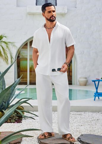 COOFANDY Mens 2 Piece Outfits Casual Summer Beach Textured Button Down Shirt Loose Pants Set in Saudi Arabia