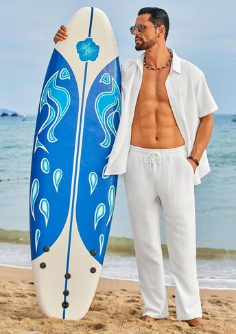 COOFANDY Mens 2 Piece Outfits Casual Summer Beach Textured Button Down Shirt Loose Pants Set in Saudi Arabia