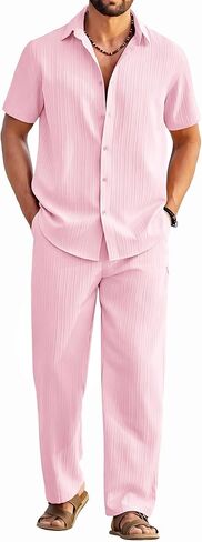 COOFANDY Mens 2 Piece Outfits Casual Summer Beach Textured Button Down Shirt Loose Pants Set in Saudi Arabia
