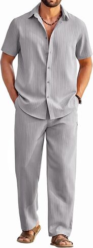 COOFANDY Mens 2 Piece Outfits Casual Summer Beach Textured Button Down Shirt Loose Pants Set in Saudi Arabia