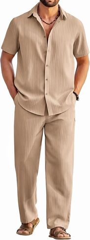 COOFANDY Mens 2 Piece Outfits Casual Summer Beach Textured Button Down Shirt Loose Pants Set in Saudi Arabia