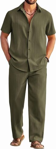 COOFANDY Mens 2 Piece Outfits Casual Summer Beach Textured Button Down Shirt Loose Pants Set in Saudi Arabia