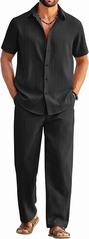 COOFANDY Mens 2 Piece Outfits Casual Summer Beach Textured Button Down Shirt Loose Pants Set in Saudi Arabia