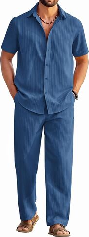 COOFANDY Mens 2 Piece Outfits Casual Summer Beach Textured Button Down Shirt Loose Pants Set in Saudi Arabia