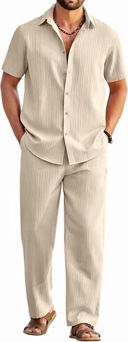 COOFANDY Mens 2 Piece Outfits Casual Summer Beach Textured Button Down Shirt Loose Pants Set in Saudi Arabia