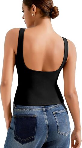 Built in Bra Tank Tops for Women Open Back Boat Neck Sleeveless Tops Y2K Double Lined Basic Going Out Top in Saudi Arabia