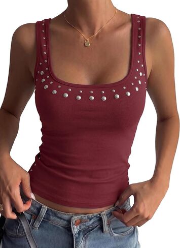 BAIGRAM Women Y2k Grunge Studded Square Neck Tank Top Metal Rivets Fitted Crop Tops Punk Streetwear Going Out Outfits in Saudi Arabia