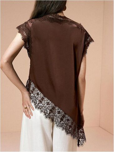 BEAUDRM Women's Elegant Lace Satin Tank Tops Crew Neck Sleeveless Asymmetrical Dressy Summer Silk Going Out Tops in Kuwait