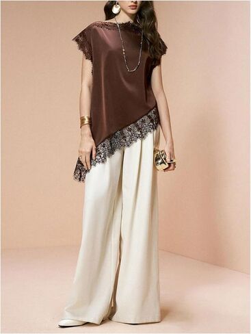 BEAUDRM Women's Elegant Lace Satin Tank Tops Crew Neck Sleeveless Asymmetrical Dressy Summer Silk Going Out Tops in Kuwait