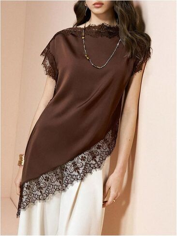 BEAUDRM Women's Elegant Lace Satin Tank Tops Crew Neck Sleeveless Asymmetrical Dressy Summer Silk Going Out Tops in Kuwait