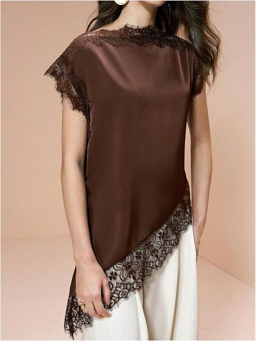BEAUDRM Women's Elegant Lace Satin Tank Tops Crew Neck Sleeveless Asymmetrical Dressy Summer Silk Going Out Tops in Kuwait