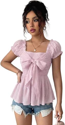 SISKIN Baby Doll Peplum Tops for Women Cute Puff Sleeve Bow Front Empire Waist Tops for Teens Trendy in Saudi Arabia