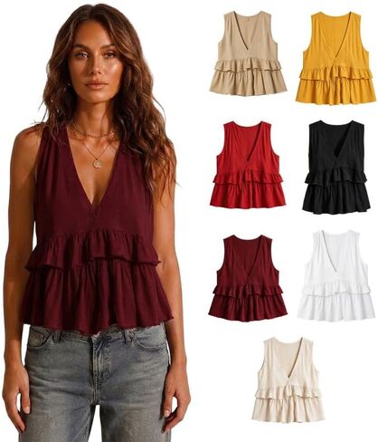 Women's Deep V-Neck Sleeveless Ruffle Tank Top, Cotton Linen Tiered Babydoll Blouse, Casual Summer Loose Tunic Shirt in Saudi Arabia